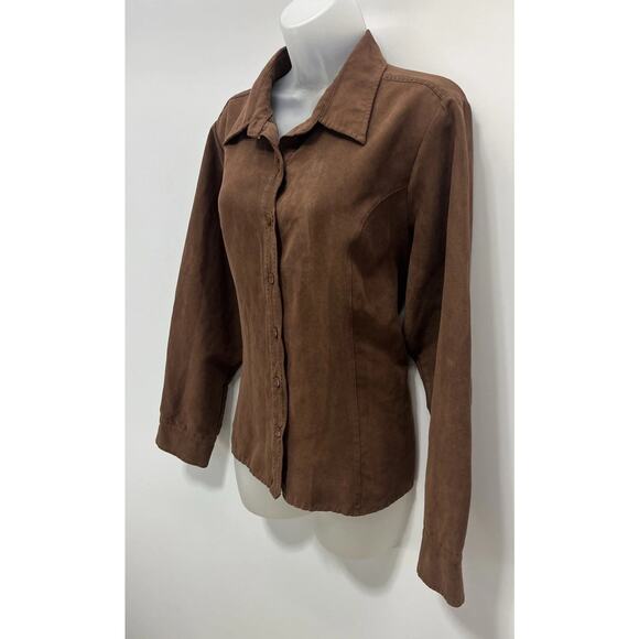 Lemon Grass Brown Rust Button Long Sleeve Faux Suede Shirt Sz XL - Picture 4 of 6